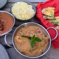 Mock-lamb masala, mock-shrimp pasanda, saffron pulav and cheesy paratha at Namaste India in Norwich