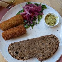 Croquetten with sourdough bread and a special mustard at Hortus Grand Cafe in Leiden