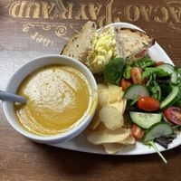 Lentil soup and vegan cheese tomato and onion sandwich.  at Hidden Gem Cafe in Inverness