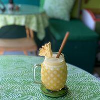 Island magic smoothie - coconut, banana, pineapple, orange at Akar Cafe in Lovina