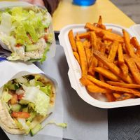 Falafel and baba ghanouj sandwiches with sweet potato fries at Gyro Makers in Renton