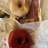 Top - vegan plain glaze; bottom - vegan hibiscus 🌺   at Dough Doughnuts - Rockefeller in New York City