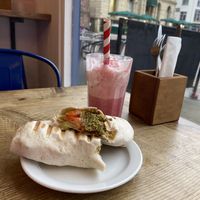 Falafel wrap and Bakewell tart milkshake   at The Cheeky Vegan in Exeter