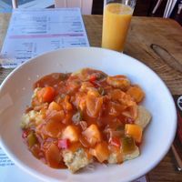 Crispy tofu, sweet and sour sauce vegetables. at The Cheeky Vegan in Exeter