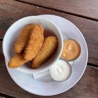 Vegan Tenders with Spicy Chipotle Mayo and Bleu Cheese sauces   at Johnny Rads in Baltimore
