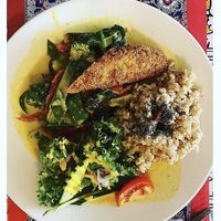 Curry with plantain and vegan chicken   at TerraZen Centre in Amsterdam