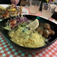 Veggies, rice and vegan chicken   at TerraZen Centre in Amsterdam