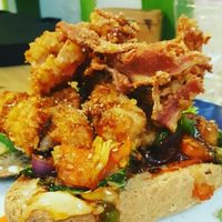 deconstructed vegan burger with bacon! at TerraZen Centre in Amsterdam