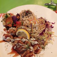 'Vegan plate' with stirfried veggies, crispy vegan chicken, crispy tempeh, rice & salad (18.90) at TerraZen Centre in Amsterdam