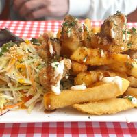 Crispy chicken and fries at TerraZen Centre in Amsterdam