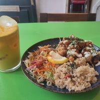 Mango Lassi and red bowl at TerraZen Centre in Amsterdam