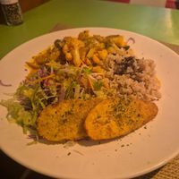 Jamaican curry with salad, rice, plantain at TerraZen Centre in Amsterdam