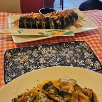 Sushi plate and homemade ginger beer on the right (pink drink) at TerraZen Centre in Amsterdam