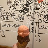 No cow in chocolate, and strawberry patch. Cones are vegan    at Rollickin Gelato Cafe in Christchurch
