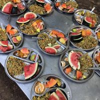 Poha and fruits 🌱  at Sadhana Forest Seva Kitchen in Auroville