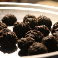 Super delicious vegan chocolate-date-coconut-ladoos served in Sadhana Forest in India! at Sadhana Forest Seva Kitchen in Auroville