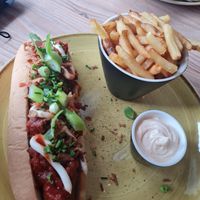 Delicious dirty dog and skinny fries at The Fat Seagull in Tenby