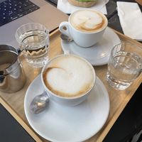 Cappuccino with oat milk  at Robert Capa Café in Budapest