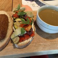 Vegan 12-uurtje: very tasty. The ‘groentetuintje’ had very flavoursome grilled veggies. The daily soup was an eggplant/coconut soup. Very good as well.  at Buurten in de Fabriek in Utrecht