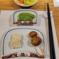 Starters, tofu/potatoes, edamame at Heianraku in Takayama