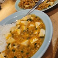 Mapo tofu, Japanese less spicy style. Backround: Yakisoba at Heianraku in Takayama