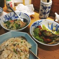Stir fried veg, tofu and cabbage with sweet miso and vegan fried rice  at Heianraku in Takayama