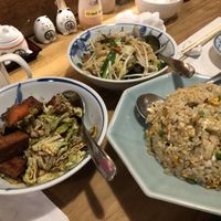 Vegetarian fried rice (has egg), miso tofu and cabbage, and stir fried vegetables  at Heianraku in Takayama