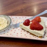 Vegan Matcha cheesecake w strawberry topping   at Valkyrjan Bistro & Bar in Reykjavik