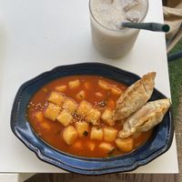 Tteokkbeokki and misugaru latte  at Cosmos Grocery Cafe in Seoul