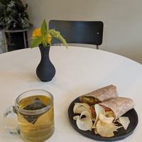 Peppermint tea and crunchy tofu wrap at Cosmos Grocery Cafe in Seoul