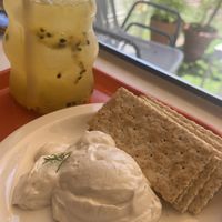 crackers and plant pased cream cheese  at Cosmos Grocery Cafe in Seoul