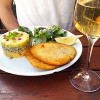 Sellery schnitzel with mixed mash and salad at EmmaPea Vegan Food and Bar in Berlin