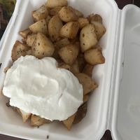 Garlic potatoes (white sauce has egg whites in it so I scraped it off) beware the white sauce  at Shawarma & Falafel City in Calgary