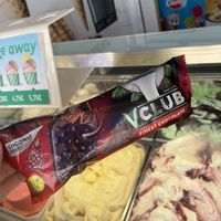 Good selection of vegan sorbet lollies clearly labelled and 2 flavours of V Club ice creams - chocolate and caramel. Very tasty!!  at Heldos Ice Cream in Mallorca