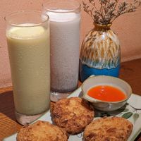 Vegan Mushroom Tofu Pancake, Pumpkin Cashew Milk, Brown Rice Cashew Milk at CHAYFOOD in Hanoi