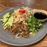 Brown noodles with mushrooms. Very yummie w the peanut sauce I added from the spring rolls.   at CHAYFOOD in Hanoi