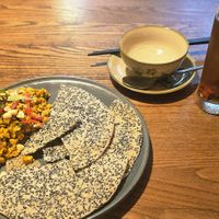 Stir fried tofu, mushrooms and crispy sesame rice cakes with wolfberry jujube at CHAYFOOD in Hanoi
