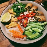 Rice noodle bowl with spring rolls  at CHAYFOOD in Hanoi
