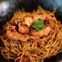 Vegan spaghetti with shrimps and chilli  at Vegan House in Prague