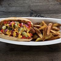 Hot dog and home made fries !!  at Vegan House in Prague