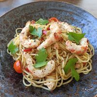 Spaghetti met "garnalen" at Vegan House in Prague