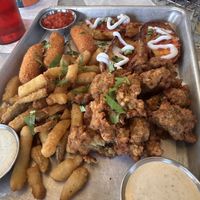 Sampler with pickle fries, tater skins, Mozzarella sticks, popcorn chikkin   at Station No. 3 in St Louis