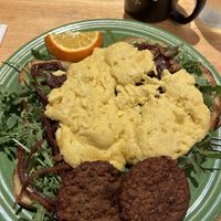 Avocado toast with “just eggs” and vegan sausages.   at Alexa's in Bothell