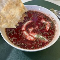 Beet soup with chapati   at Loving Hut - Meditation Center in Ulaanbaatar
