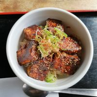Charcoal-grilled deep fried tofu rice bowl. Size m 972 Y. at Vegans Cafe and Restaurant in Kyoto