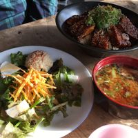 Charcoal-grilled deep fried tofu rice bowl set with a salad and miso soup at Vegans Cafe and Restaurant in Kyoto