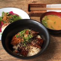 Small roasted tofu rice bowl with miso soup and salad set at Vegans Cafe and Restaurant in Kyoto