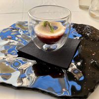 Strawberry cream with olive oil, flambéed lemon meringue and hibiscus   at DaiCa in Mallorca
