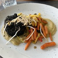 “filet mignon” in black sesame coat on celery puree and seasonal vegetables   at The Botanist in Zadar