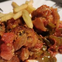 Albóndigas veganas con salsa de verduras y pitarra at Churrería San Sebastián in Montehermoso